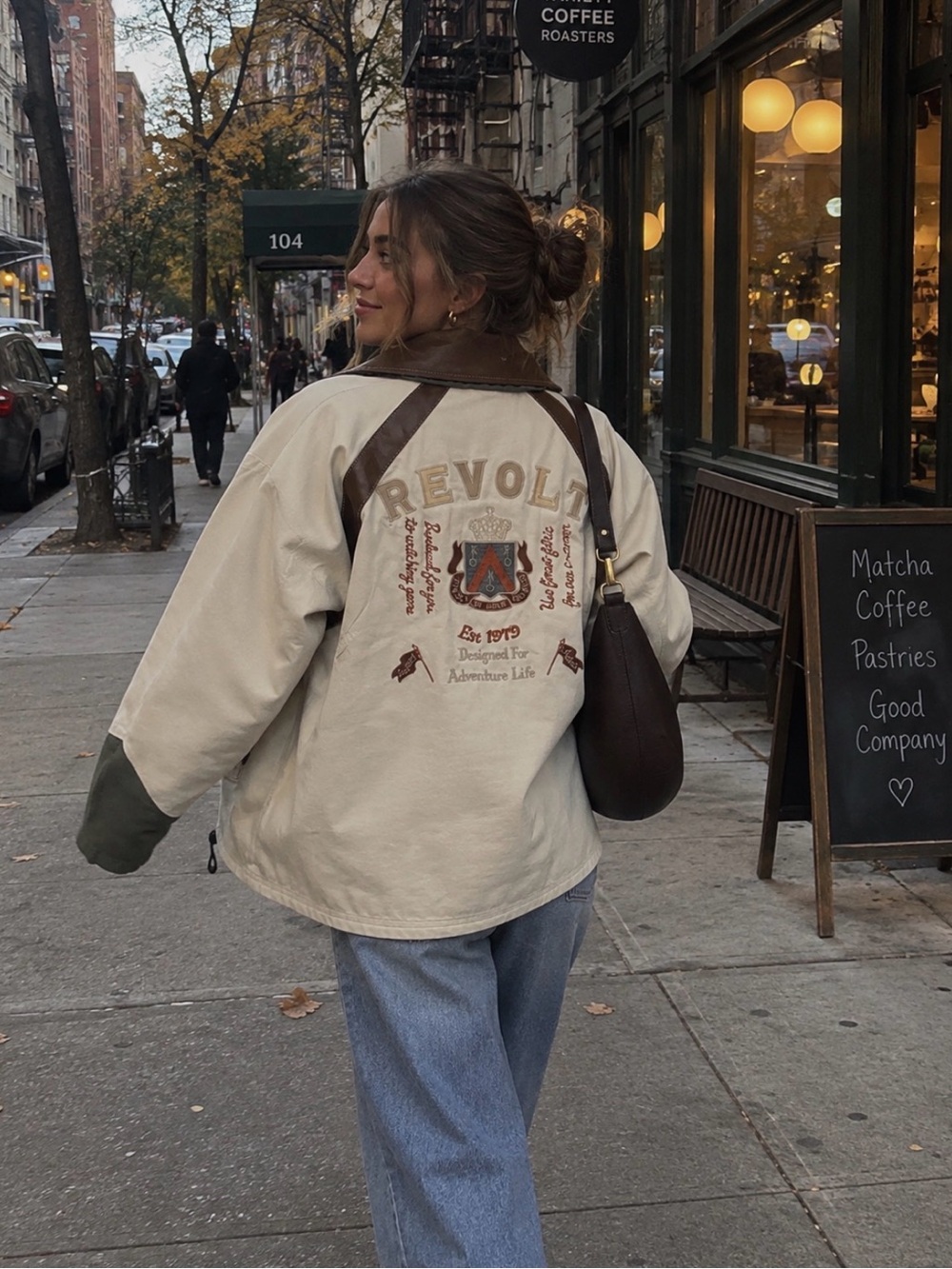 VINTAGE Men's Cream and Brown Contrast Bomber Jacket